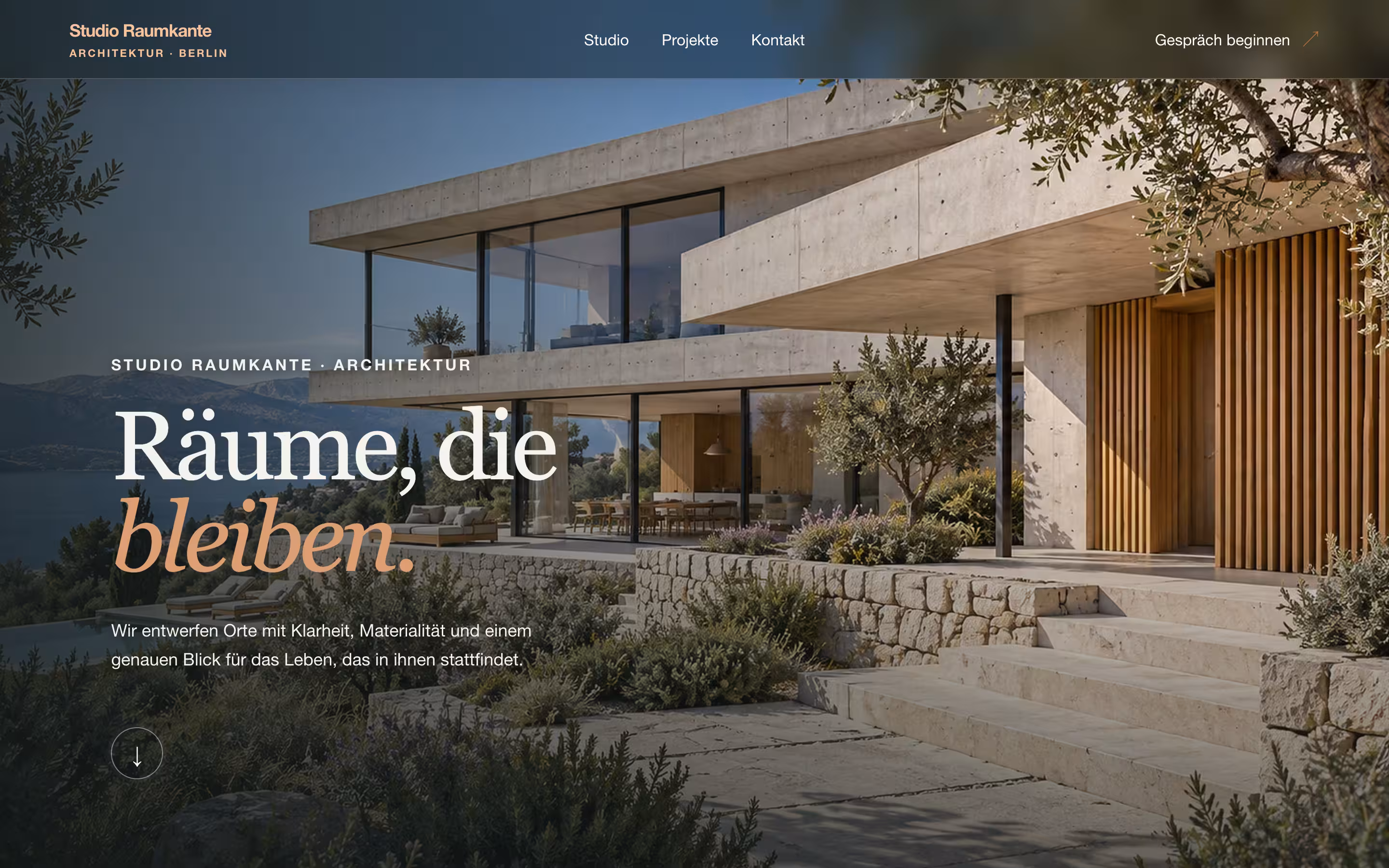 Desktop-Ansicht der Studio-Raumkante-Architektur-Website